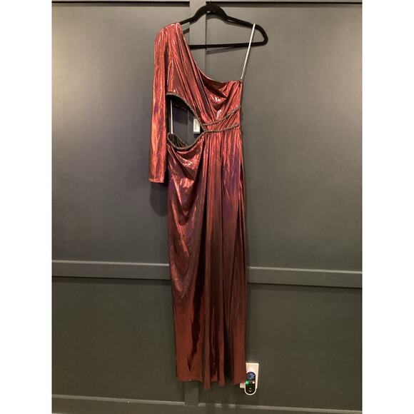 Marchesa Notte One-Shoulder slit Gown Metallic Red Cut Out Maxi Midi Dress 8 NWT - Picture 3 of 17